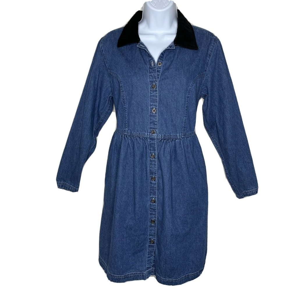 VTG EDDIE BAUER Wms Sz M Blue Denim Dress Black Velvet Collar